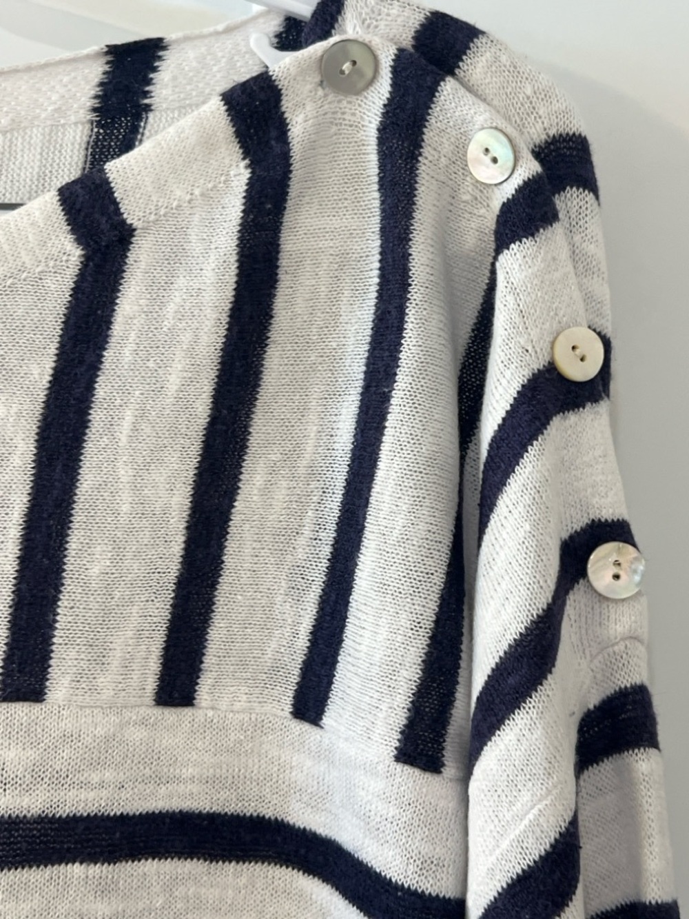 Eileen Fisher Organic Linen Cotton Striped Sweater M Navy Cream Button Shoulder - Picture 4 of 5